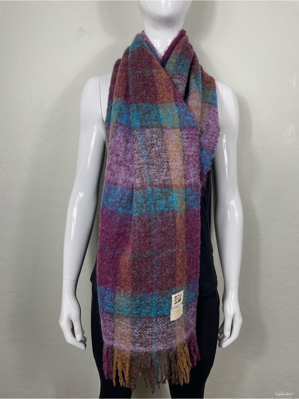 Vintage Plaid Fringe Wrap Scarf in Burgundy, Teal & Lavender - The Fashion Place